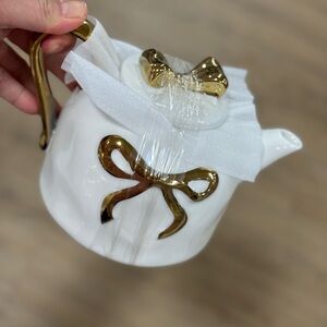 White Teapot with Gold Bow Accent